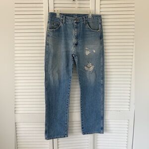 Men's Wrangler Authentic Distressed Five Pocket Blue Jeans 100% Cotton 36x32